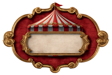 a circus rectangular sign red and gold, blank sign. isolated on white transparent background