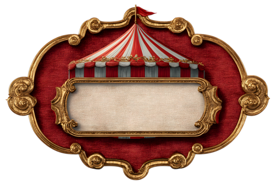 a circus rectangular sign red and gold, blank sign. isolated on white transparent background