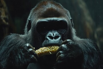 Western lowland gorilla enjoys a slow meal of food in a natural habitat setting, western lowland gorilla chews his food slowly slow motion