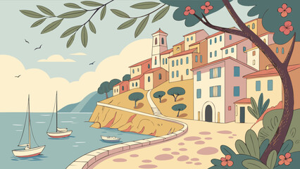 Italy coastal village landscape illustration with sailboats mediterranean seaside town scenic view travel destination