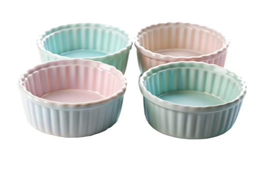 Four pastelcolored ramekin dishes, perfect for baking desserts like creme brulee or souffle, isolated on a transparent background