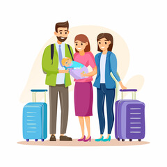 Happy diverse family with a baby and luggage preparing for a journey together symbolizing togetherness and travel adventures