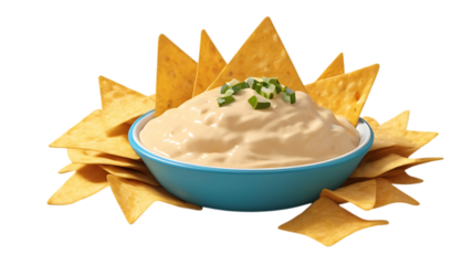 A bowl of cheese dip surrounded by tortilla chips, isolated on transparent background