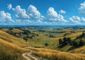 Naklejka premium A serene landscape of rolling hills under a vast, open sky, conveying freedom and possibility.