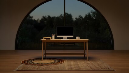Minimalist workspace with computer and desk against a large arched window overlooking a dark forest