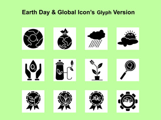 Solid glyph icons for Earth Day, eco lifestyle, and sustainability themes. Ideal for UI, apps, print, infographics, and environmental campaigns. Fully editable vector.