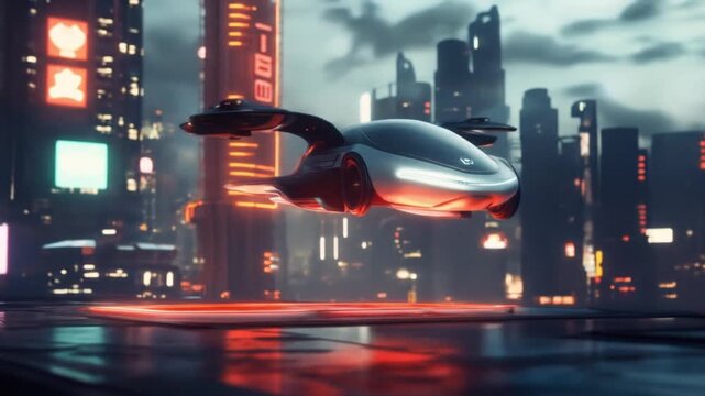 Futuristic hovercraft cityscape