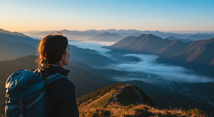 A woman with a backpack stands on a mountain peak, gazing at a valley filled with mist under a clear blue sky at sunrise.