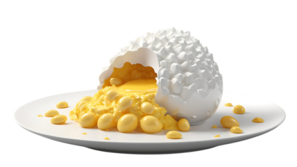 A creative presentation of scrambled eggs spilling from a cracked eggshell isolated on transparent background