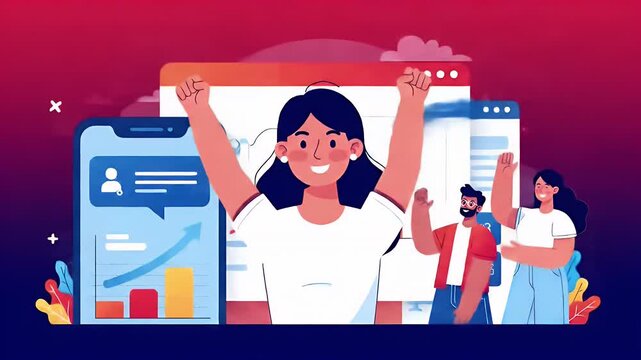 A team of professionals celebrating business success with data analytics and digital strategy. Modern flat vector illustration concept of achievement