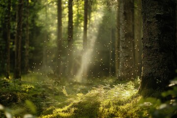 Fototapeta premium Flickering fireflies illuminate a sunny forest filled with vibrant greenery and soft sunlight beams, Flicker fireflies in magic sunny forest