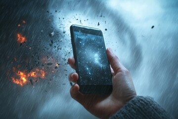 Tornado alert notification on smartphone during severe weather conditions in urban area, Tornado alert notification appearing on the phone while in use Danger and bad weather concept