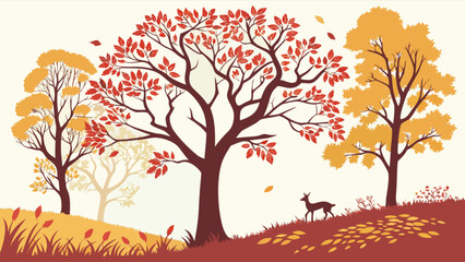 Autumn landscape vector art with deer and falling leaves in fall season forest and woodland scenery design
