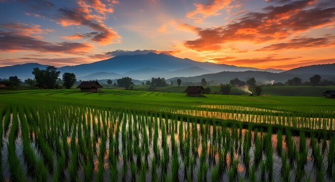 Sunset over terraced rice fields with vibrant skies and distant mountains. - Powered by Adobe