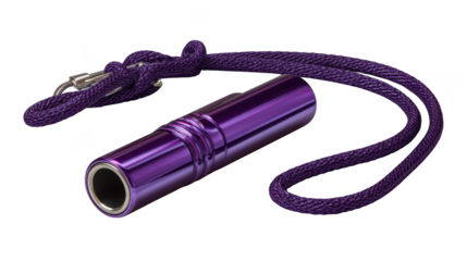 A shiny purple metal container with a matching lanyard is isolated on a transparent background, offering a modern and portable accessory