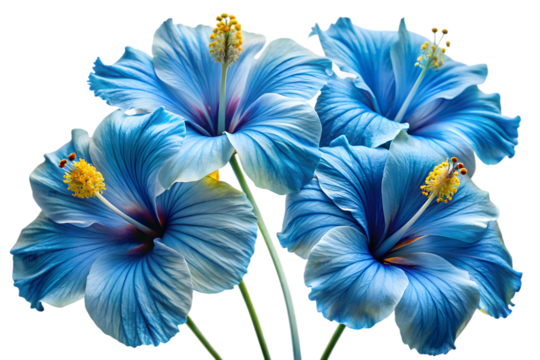 A cluster of vibrant blue hibiscus flowers with yellow stamens, isolated on a transparent background