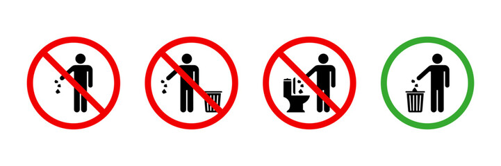 Please keep clean silhouette sign. Allowed throw rubbish, waste, garbage in bin symbol. Do not throw trash in toilet vector icon. Warning please drop litter in bin sticker. Throw out the trash icon.