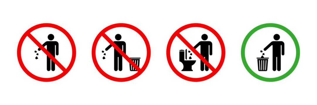 Please keep clean silhouette sign. Allowed throw rubbish, waste, garbage in bin symbol. Do not throw trash in toilet vector icon. Warning please drop litter in bin sticker. Throw out the trash icon.