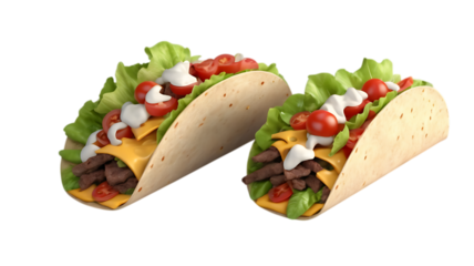 Two delicious beef tacos with fresh toppings isolated on transparent background