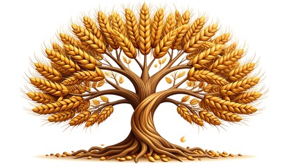 A stylized tree with wheat stalks as leaves, golden brown tones, isolated on white