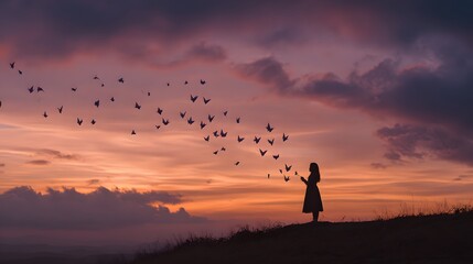A silhouette of a woman on a hill releasing a flock of birds into the dramatic sunset sky, a concept of freedom and letting go.