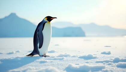 Naklejka premium A majestic emperor penguin standing on a vast, icy plain in Antarctica during the bright, cold daylight of winter, snow swirling around its feet.