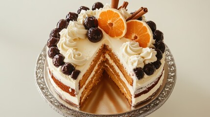 Delicious citrus and cherry cake with a slice removed sitting on silver platter