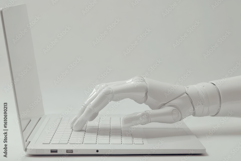 Poster robot hand typing on laptop keyboard in modern workspace setting, robot hand typing on invisible bac