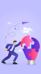 Modern illustration of corporate person solving light bulb puzzle with flying paper plane. Great for teamwork innovation, project ideation, and creative business planning visuals.