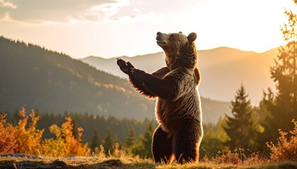 A majestic brown bear stands on its hind legs against a breathtaking sunset mountain backdrop