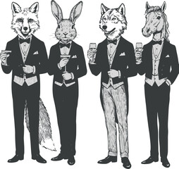 Elegant Anthropomorphic Animal Party A Fox Rabbit Wolf and Horse Enjoy Cocktails at a Sophisticated Gathering