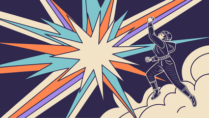 Empowered woman superhero illustration with retro burst background for graphic design and social media content