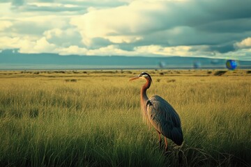 Obraz premium Goliath Heron rests gracefully in the Amboseli marshes at sunset, A Goliath Heron rests in the amboseli marshes