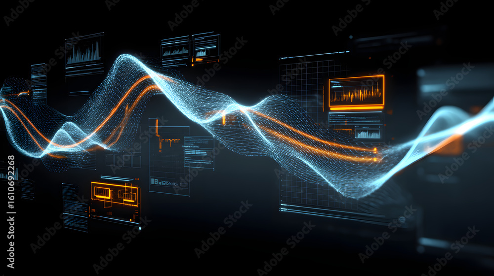 Poster digital waveform visualization: an abstract digital display features a mesmerizing, illuminated wave