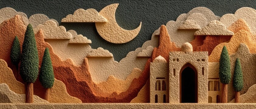 A soft gradient sky above a minimalist representation of cultural symbols carved into sandstone