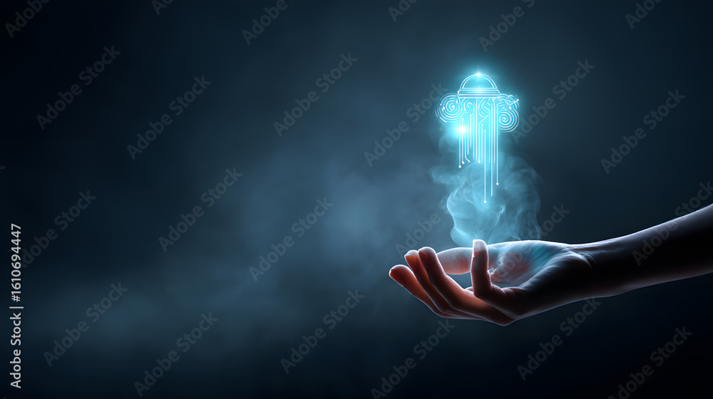 Poster digital innovation: a luminous digital fire hydrant emanates from the open palm of a hand, set again