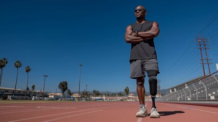 An athlete black African man wearing a prosthetic leg stands confidently on a track field, exuding strength, determination, and resilience - Powered by Adobe