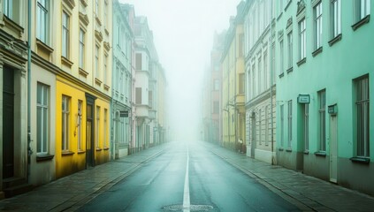 Obraz premium Foggy street with colorful buildings