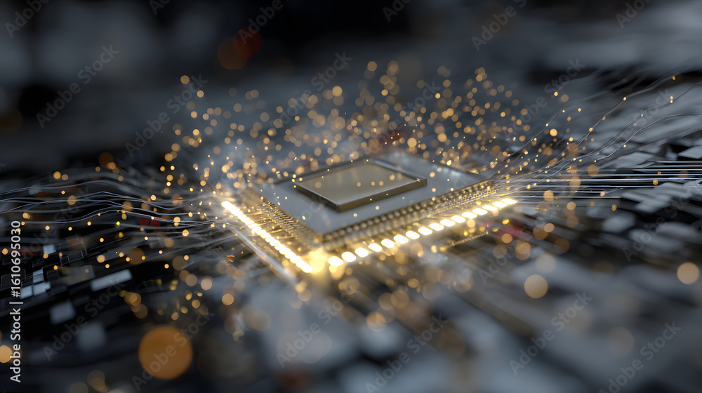 Poster technology's core: a detailed shot of a computer microchip at the center, radiating with particles, 