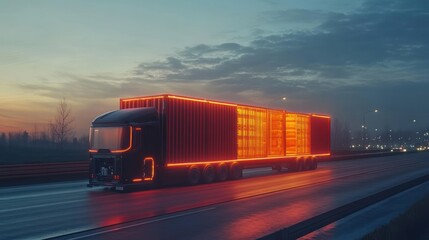 Futuristic Neon Lit Semi-Truck Transporting Cargo on a Highway at Dusk