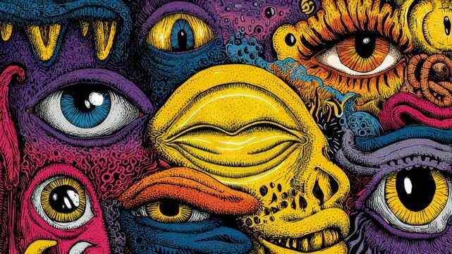  funk graffiti wall doodle art animation in colorful color, messy fun monster cartoonish big eyes sharp teeth 