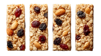 Four chewy granola bars with nuts and dried cherries, a delicious healthy snack.