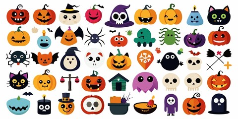 A vibrant collection of cute and spooky halloween characters, featuring pumpkins, ghosts, witches, bats, spiders, skulls, and black cats, perfect for festive designs and decorations