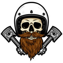 Skull Bearded Wearing Helmet Crossed Pistons Vintage Retro Motorcycle Biker Vector Illustration