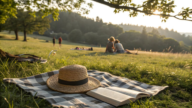 A young couple enjoys a summer day, sitting on a park bench by the water, reading a book - Powered by Adobe