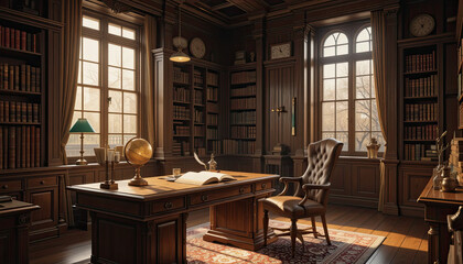 Step into a world of refined elegance and timeless style in this sophisticated home office, perfect for showcasing intellectual pursuits and literary passions with vintage charm