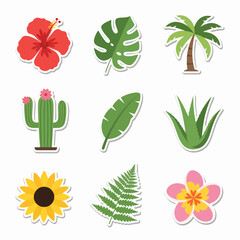Tropical and desert plant stickers; hibiscus, palm, cactus, sunflower icons.