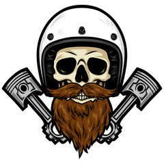 Skull Bearded Wearing Helmet Crossed Pistons Vintage Retro Motorcycle Biker Vector Illustration