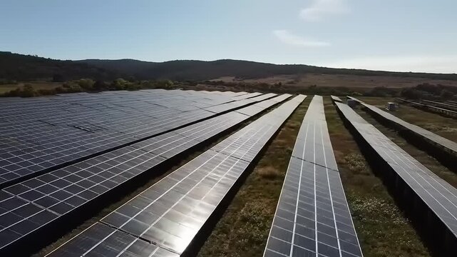 Aerial view of solar panels in a vast field under a clear sky, showcasing renewable energy efforts