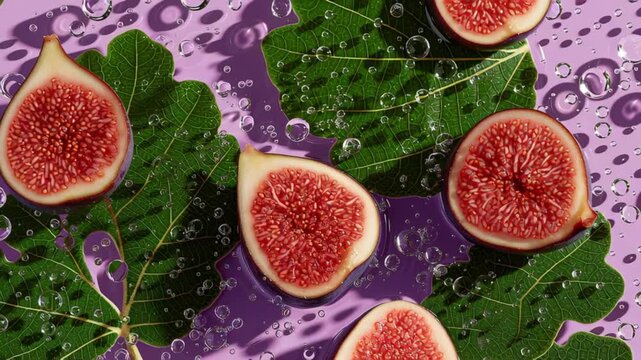 top view half cut fig with leaves on purple wet background, refreshing fuit